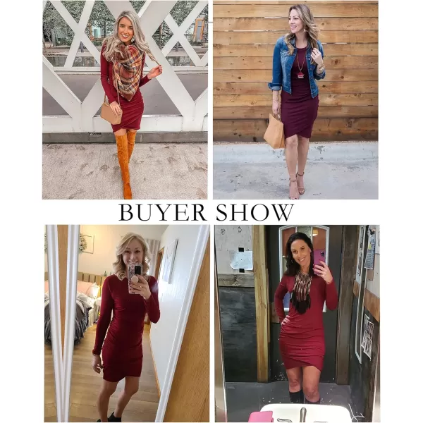 imageBTFBM Women Fashion Ruched Elegant Bodycon Long Sleeve Wrap Front Solid Color Casual Basic Fitted Short DressesWine Red