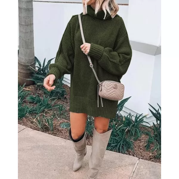imageBTFBM Women Fashion Sweater Short Dress Long Sleeve Turtleneck Oversized Fall Winter Soft Chunky Knit Pullover SweatersSolid Army Green