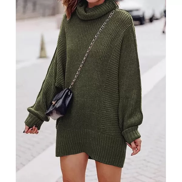 imageBTFBM Women Fashion Sweater Short Dress Long Sleeve Turtleneck Oversized Fall Winter Soft Chunky Knit Pullover SweatersSolid Army Green