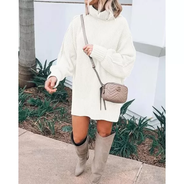imageBTFBM Women Fashion Sweater Short Dress Long Sleeve Turtleneck Oversized Fall Winter Soft Chunky Knit Pullover SweatersSolid Beige White