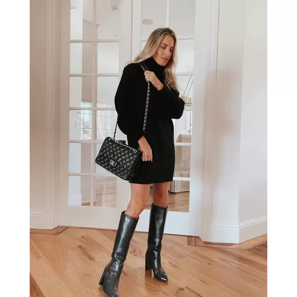imageBTFBM Women Fashion Sweater Short Dress Long Sleeve Turtleneck Oversized Fall Winter Soft Chunky Knit Pullover SweatersSolid Black