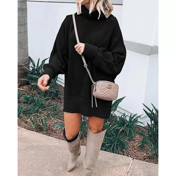 imageBTFBM Women Fashion Sweater Short Dress Long Sleeve Turtleneck Oversized Fall Winter Soft Chunky Knit Pullover SweatersSolid Black
