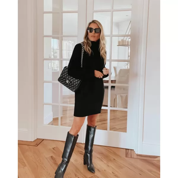 imageBTFBM Women Fashion Sweater Short Dress Long Sleeve Turtleneck Oversized Fall Winter Soft Chunky Knit Pullover SweatersSolid Black