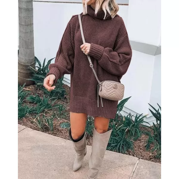 imageBTFBM Women Fashion Sweater Short Dress Long Sleeve Turtleneck Oversized Fall Winter Soft Chunky Knit Pullover SweatersSolid Coffee