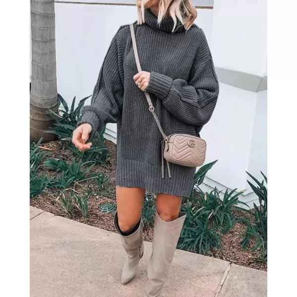 imageBTFBM Women Fashion Sweater Short Dress Long Sleeve Turtleneck Oversized Fall Winter Soft Chunky Knit Pullover SweatersSolid Grey
