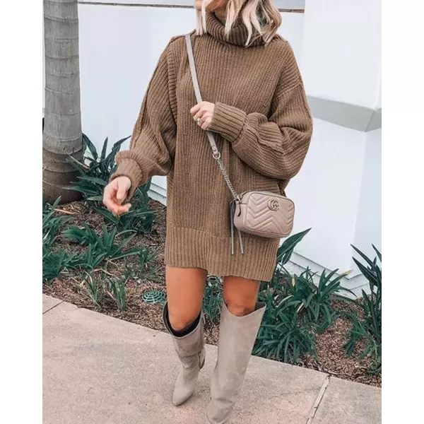 imageBTFBM Women Fashion Sweater Short Dress Long Sleeve Turtleneck Oversized Fall Winter Soft Chunky Knit Pullover SweatersSolid Khaki