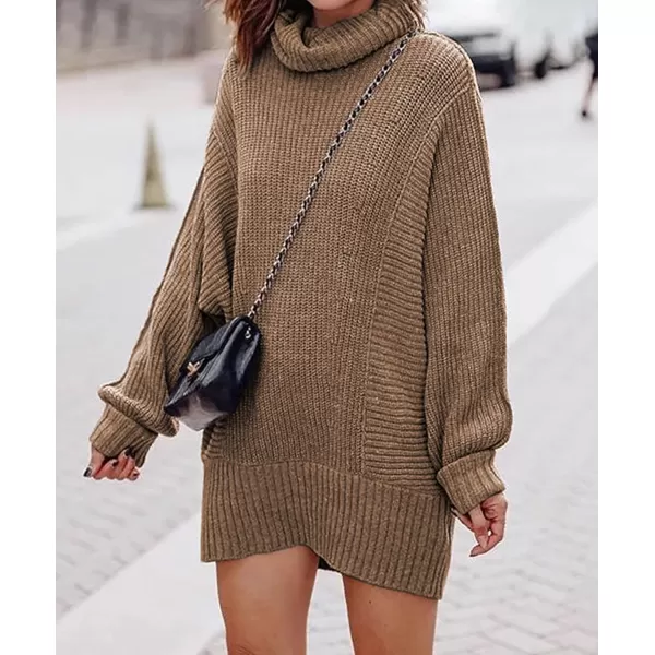 imageBTFBM Women Fashion Sweater Short Dress Long Sleeve Turtleneck Oversized Fall Winter Soft Chunky Knit Pullover SweatersSolid Khaki