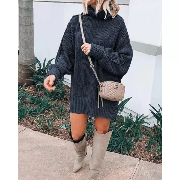 imageBTFBM Women Fashion Sweater Short Dress Long Sleeve Turtleneck Oversized Fall Winter Soft Chunky Knit Pullover SweatersSolid Navy