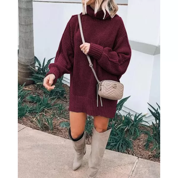 imageBTFBM Women Fashion Sweater Short Dress Long Sleeve Turtleneck Oversized Fall Winter Soft Chunky Knit Pullover SweatersSolid Wine Red