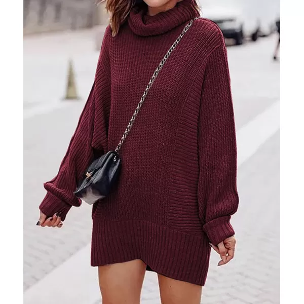 imageBTFBM Women Fashion Sweater Short Dress Long Sleeve Turtleneck Oversized Fall Winter Soft Chunky Knit Pullover SweatersSolid Wine Red