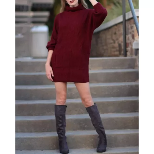 imageBTFBM Women Fashion Sweater Short Dress Long Sleeve Turtleneck Oversized Fall Winter Soft Chunky Knit Pullover SweatersSolid Wine Red