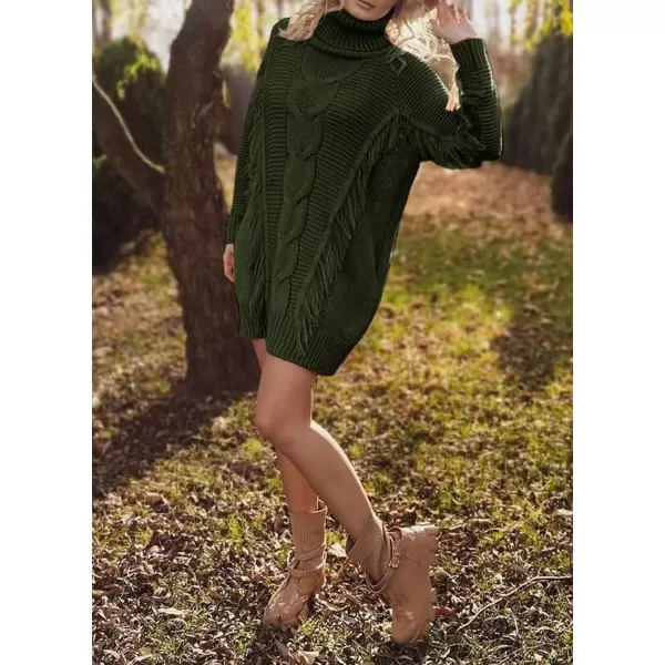 imageBTFBM Women Fashion Sweater Short Dress Long Sleeve Turtleneck Oversized Fall Winter Soft Chunky Knit Pullover SweatersTassel Army Green