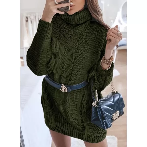imageBTFBM Women Fashion Sweater Short Dress Long Sleeve Turtleneck Oversized Fall Winter Soft Chunky Knit Pullover SweatersTassel Army Green