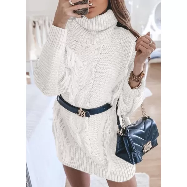 imageBTFBM Women Fashion Sweater Short Dress Long Sleeve Turtleneck Oversized Fall Winter Soft Chunky Knit Pullover SweatersTassel Beige White