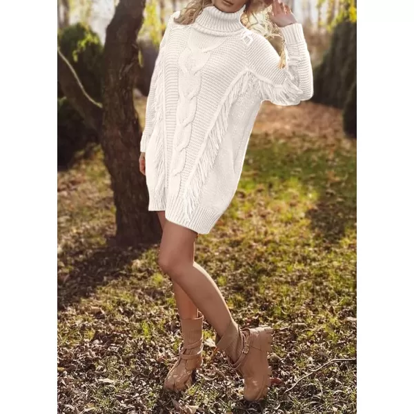 imageBTFBM Women Fashion Sweater Short Dress Long Sleeve Turtleneck Oversized Fall Winter Soft Chunky Knit Pullover SweatersTassel Beige White