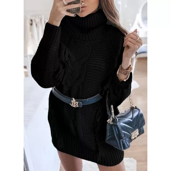 imageBTFBM Women Fashion Sweater Short Dress Long Sleeve Turtleneck Oversized Fall Winter Soft Chunky Knit Pullover SweatersTassel Black
