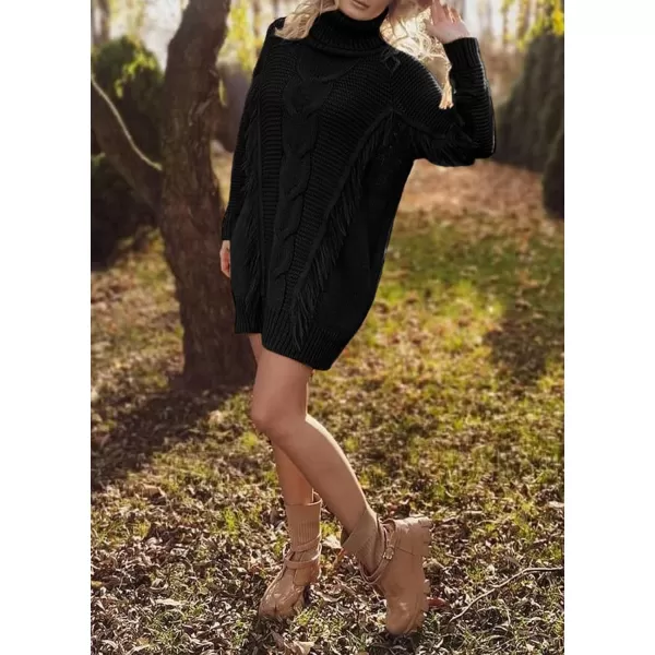 imageBTFBM Women Fashion Sweater Short Dress Long Sleeve Turtleneck Oversized Fall Winter Soft Chunky Knit Pullover SweatersTassel Black