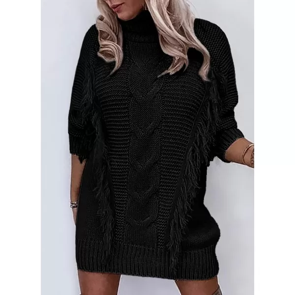 imageBTFBM Women Fashion Sweater Short Dress Long Sleeve Turtleneck Oversized Fall Winter Soft Chunky Knit Pullover SweatersTassel Black