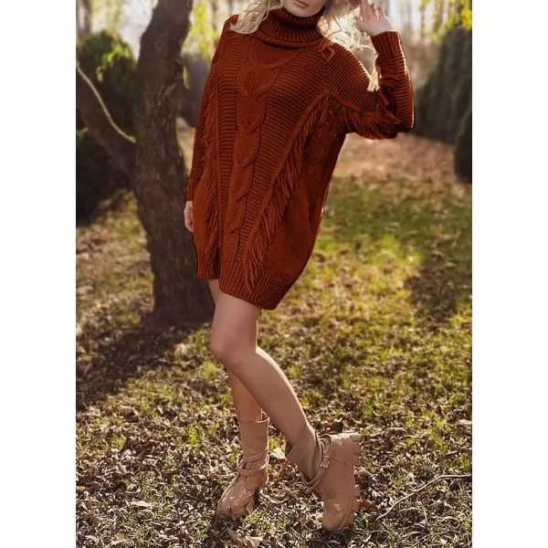 imageBTFBM Women Fashion Sweater Short Dress Long Sleeve Turtleneck Oversized Fall Winter Soft Chunky Knit Pullover SweatersTassel Caramel