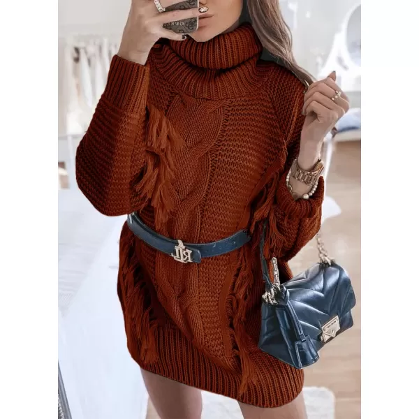 imageBTFBM Women Fashion Sweater Short Dress Long Sleeve Turtleneck Oversized Fall Winter Soft Chunky Knit Pullover SweatersTassel Caramel