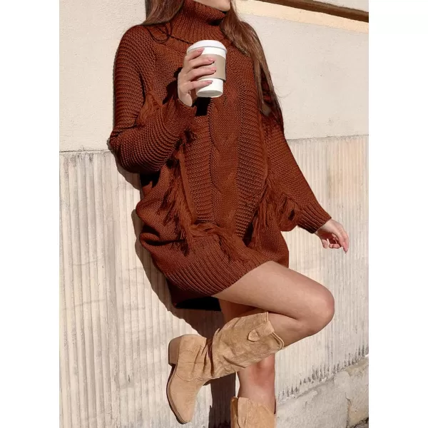 imageBTFBM Women Fashion Sweater Short Dress Long Sleeve Turtleneck Oversized Fall Winter Soft Chunky Knit Pullover SweatersTassel Caramel