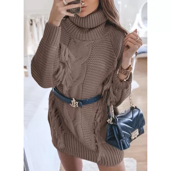 imageBTFBM Women Fashion Sweater Short Dress Long Sleeve Turtleneck Oversized Fall Winter Soft Chunky Knit Pullover SweatersTassel Coffee