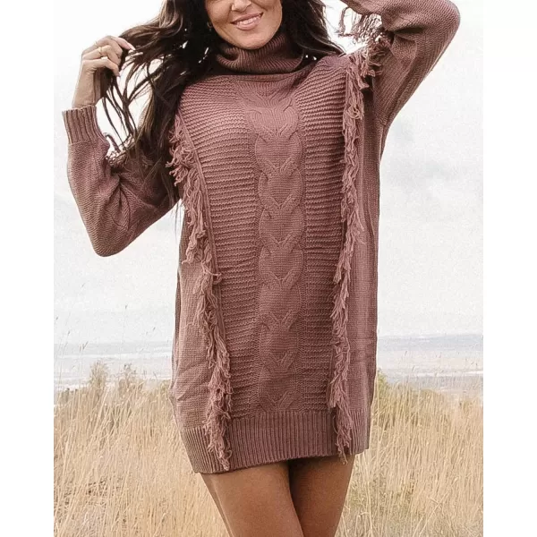imageBTFBM Women Fashion Sweater Short Dress Long Sleeve Turtleneck Oversized Fall Winter Soft Chunky Knit Pullover SweatersTassel Coffee