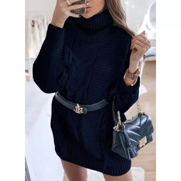 imageBTFBM Women Fashion Sweater Short Dress Long Sleeve Turtleneck Oversized Fall Winter Soft Chunky Knit Pullover SweatersTassel Navy