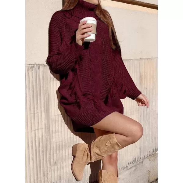 imageBTFBM Women Fashion Sweater Short Dress Long Sleeve Turtleneck Oversized Fall Winter Soft Chunky Knit Pullover SweatersTassel Wine Red