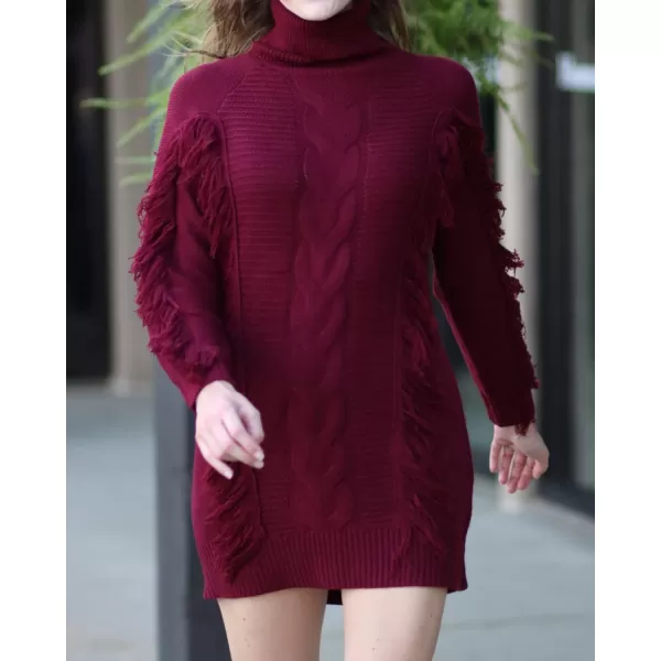 imageBTFBM Women Fashion Sweater Short Dress Long Sleeve Turtleneck Oversized Fall Winter Soft Chunky Knit Pullover SweatersTassel Wine Red