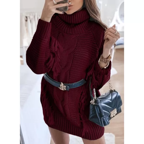 imageBTFBM Women Fashion Sweater Short Dress Long Sleeve Turtleneck Oversized Fall Winter Soft Chunky Knit Pullover SweatersTassel Wine Red