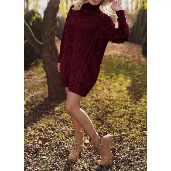 imageBTFBM Women Fashion Sweater Short Dress Long Sleeve Turtleneck Oversized Fall Winter Soft Chunky Knit Pullover SweatersTassel Wine Red