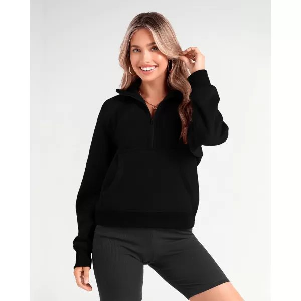 imageBTFBM Women Half Zip Pullover Sweatshirts Fall Winter Long Sleeve Fleece Lined Cropped Tops Sweater Pockets Thumb HoleSolid Black