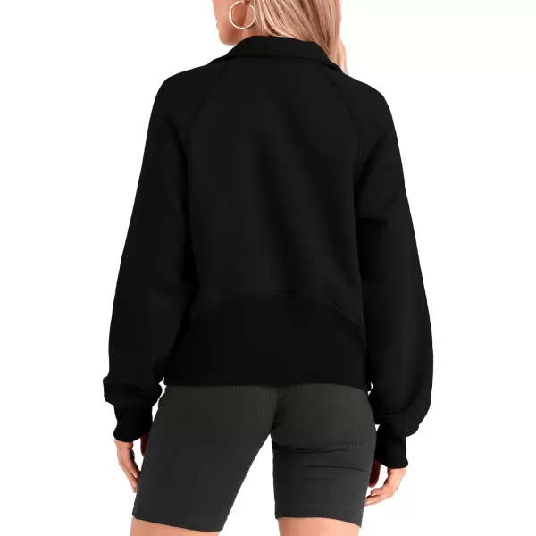 imageBTFBM Women Half Zip Pullover Sweatshirts Fall Winter Long Sleeve Fleece Lined Cropped Tops Sweater Pockets Thumb HoleSolid Black