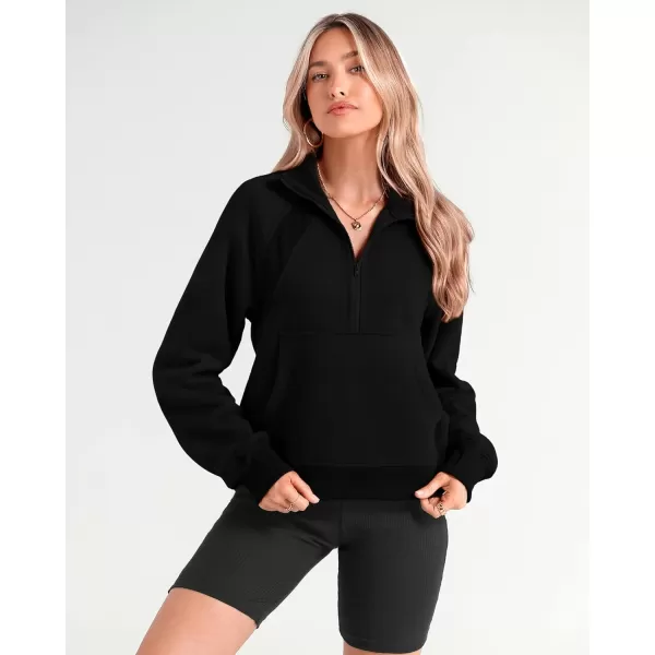imageBTFBM Women Half Zip Pullover Sweatshirts Fall Winter Long Sleeve Fleece Lined Cropped Tops Sweater Pockets Thumb HoleSolid Black