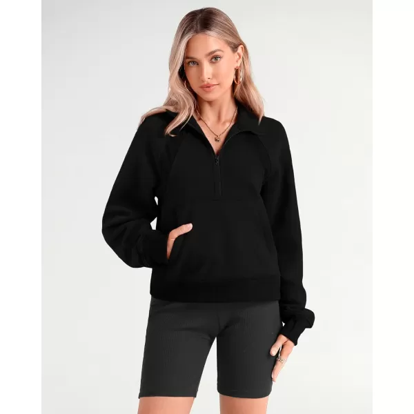 imageBTFBM Women Half Zip Pullover Sweatshirts Fall Winter Long Sleeve Fleece Lined Cropped Tops Sweater Pockets Thumb HoleSolid Black