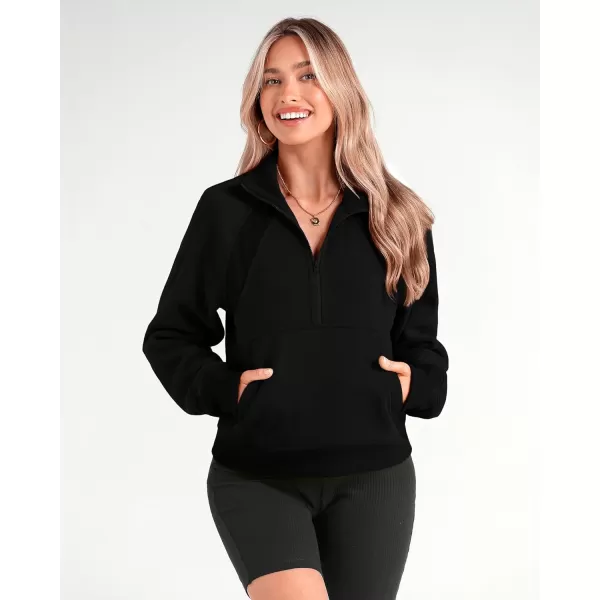 imageBTFBM Women Half Zip Pullover Sweatshirts Fall Winter Long Sleeve Fleece Lined Cropped Tops Sweater Pockets Thumb HoleSolid Black