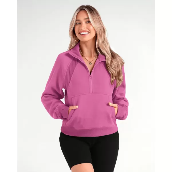 imageBTFBM Women Half Zip Pullover Sweatshirts Fall Winter Long Sleeve Fleece Lined Cropped Tops Sweater Pockets Thumb HoleSolid Pink
