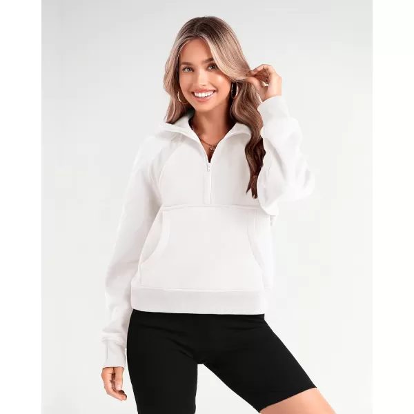 imageBTFBM Women Half Zip Pullover Sweatshirts Fall Winter Long Sleeve Fleece Lined Cropped Tops Sweater Pockets Thumb HoleSolid White