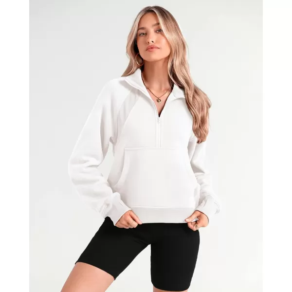 imageBTFBM Women Half Zip Pullover Sweatshirts Fall Winter Long Sleeve Fleece Lined Cropped Tops Sweater Pockets Thumb HoleSolid White