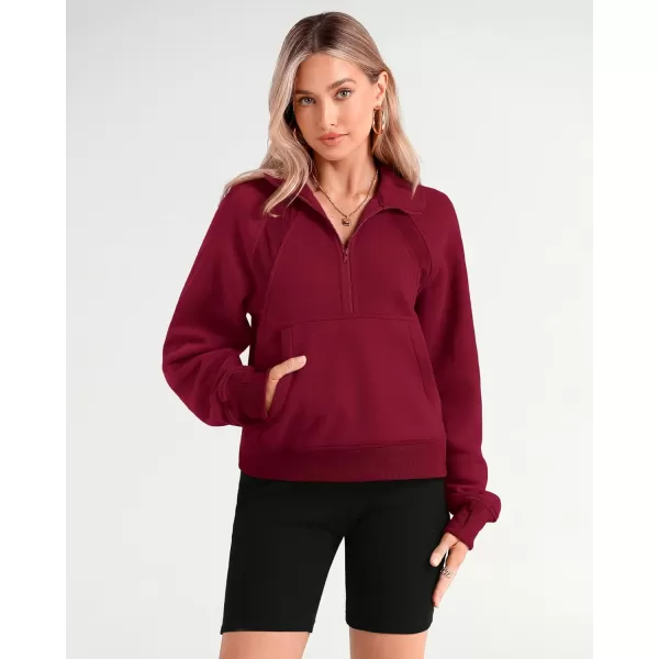 imageBTFBM Women Half Zip Pullover Sweatshirts Fall Winter Long Sleeve Fleece Lined Cropped Tops Sweater Pockets Thumb HoleSolid Wine Red