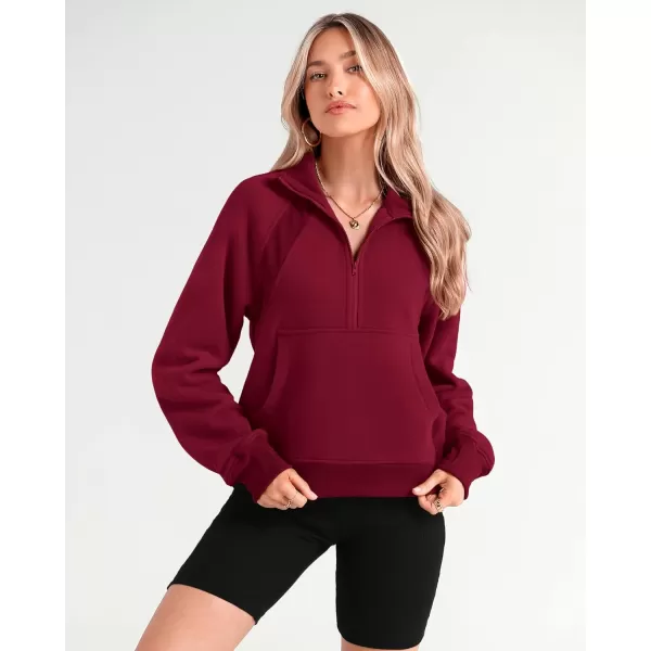 imageBTFBM Women Half Zip Pullover Sweatshirts Fall Winter Long Sleeve Fleece Lined Cropped Tops Sweater Pockets Thumb HoleSolid Wine Red