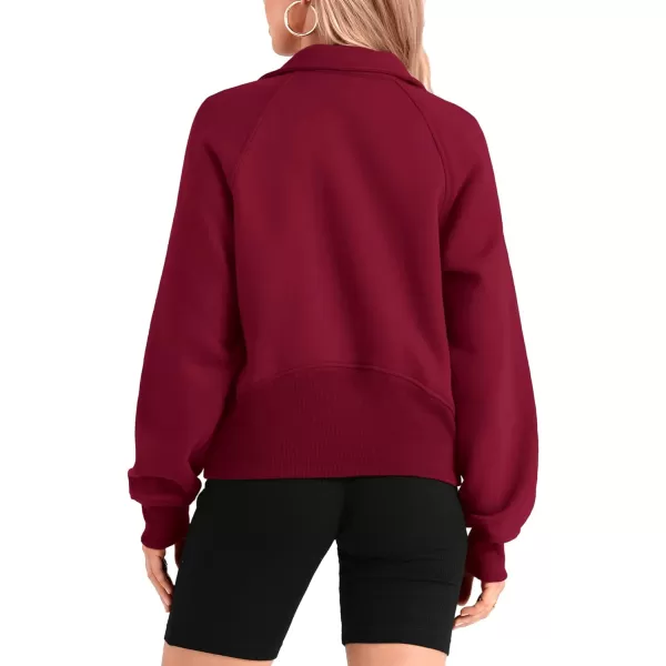 imageBTFBM Women Half Zip Pullover Sweatshirts Fall Winter Long Sleeve Fleece Lined Cropped Tops Sweater Pockets Thumb HoleSolid Wine Red