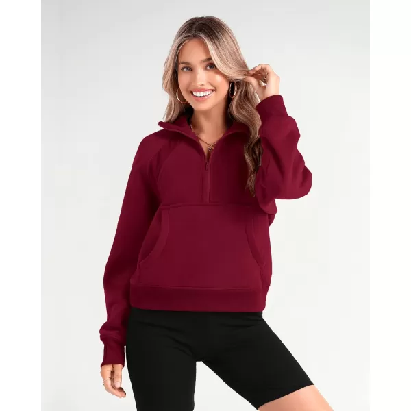 imageBTFBM Women Half Zip Pullover Sweatshirts Fall Winter Long Sleeve Fleece Lined Cropped Tops Sweater Pockets Thumb HoleSolid Wine Red