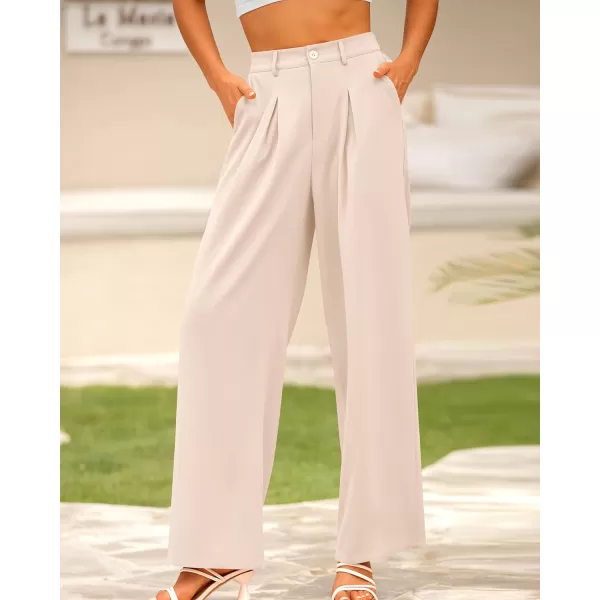 imageBTFBM Women High Waist Casual Wide Leg Long Palazzo Pants Button Down Loose Business Work Office Trousers with PocketsSolid Beige