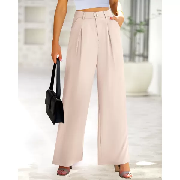imageBTFBM Women High Waist Casual Wide Leg Long Palazzo Pants Button Down Loose Business Work Office Trousers with PocketsSolid Beige
