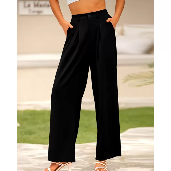 imageBTFBM Women High Waist Casual Wide Leg Long Palazzo Pants Button Down Loose Business Work Office Trousers with PocketsSolid Black