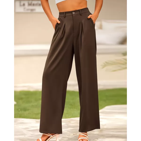 imageBTFBM Women High Waist Casual Wide Leg Long Palazzo Pants Button Down Loose Business Work Office Trousers with PocketsSolid Coffee