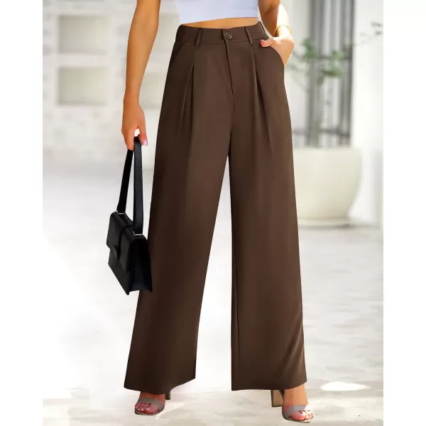 imageBTFBM Women High Waist Casual Wide Leg Long Palazzo Pants Button Down Loose Business Work Office Trousers with PocketsSolid Coffee