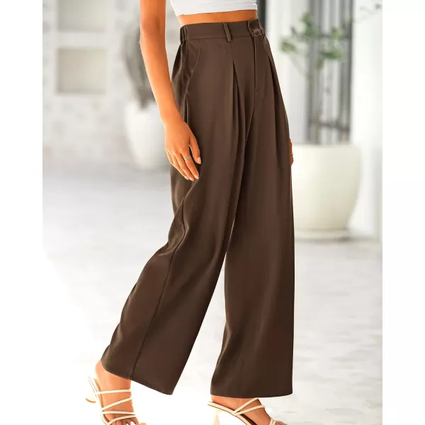 imageBTFBM Women High Waist Casual Wide Leg Long Palazzo Pants Button Down Loose Business Work Office Trousers with PocketsSolid Coffee